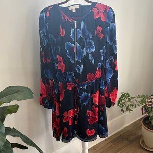 Michael Kors Red and Blue Floral Long Sleeve Dress